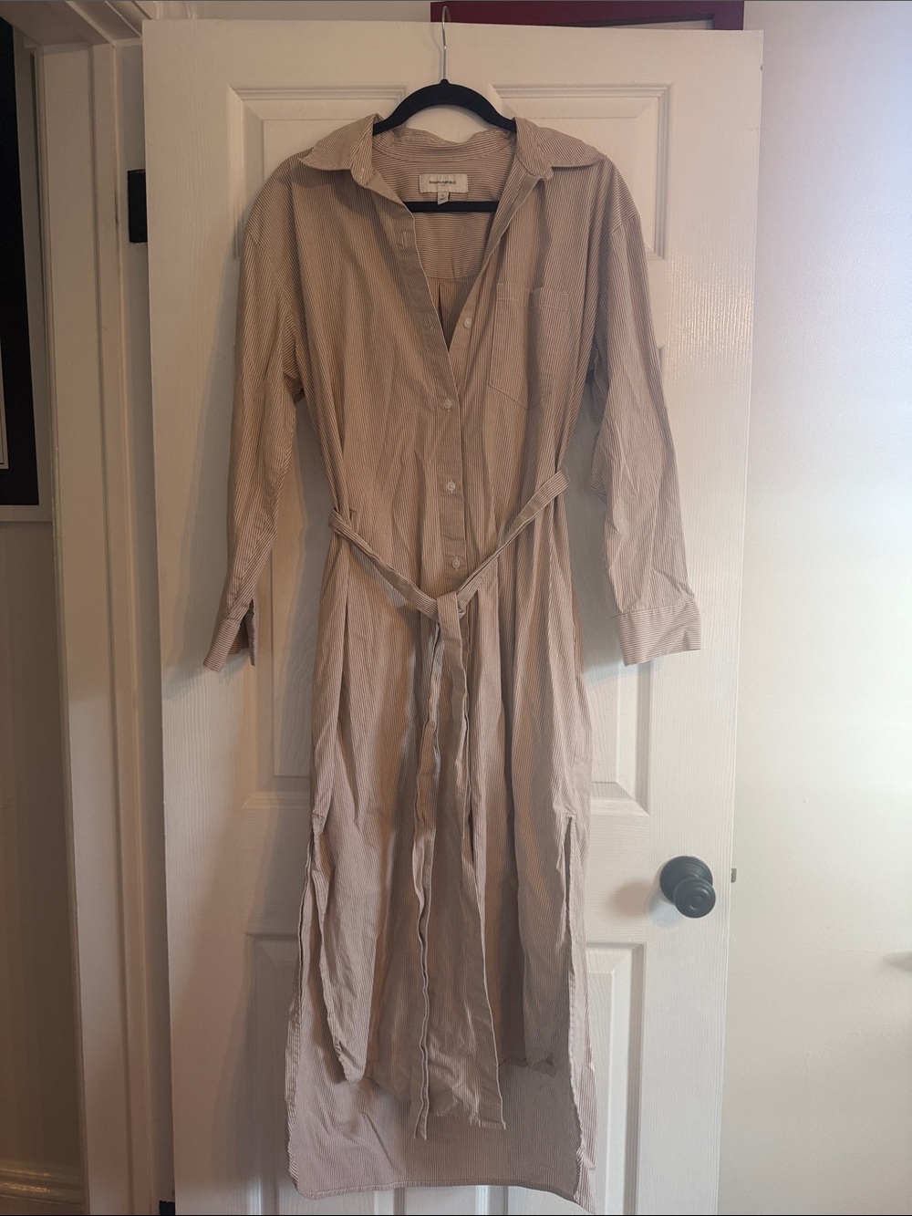 Light Beige + White Striped Shirt Dress with Waist Tie